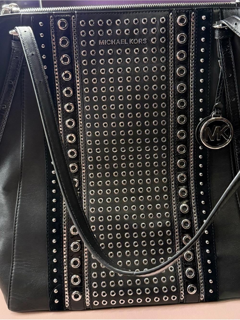 Michael Kors Black Leather Eyelet Tote with MK Charm